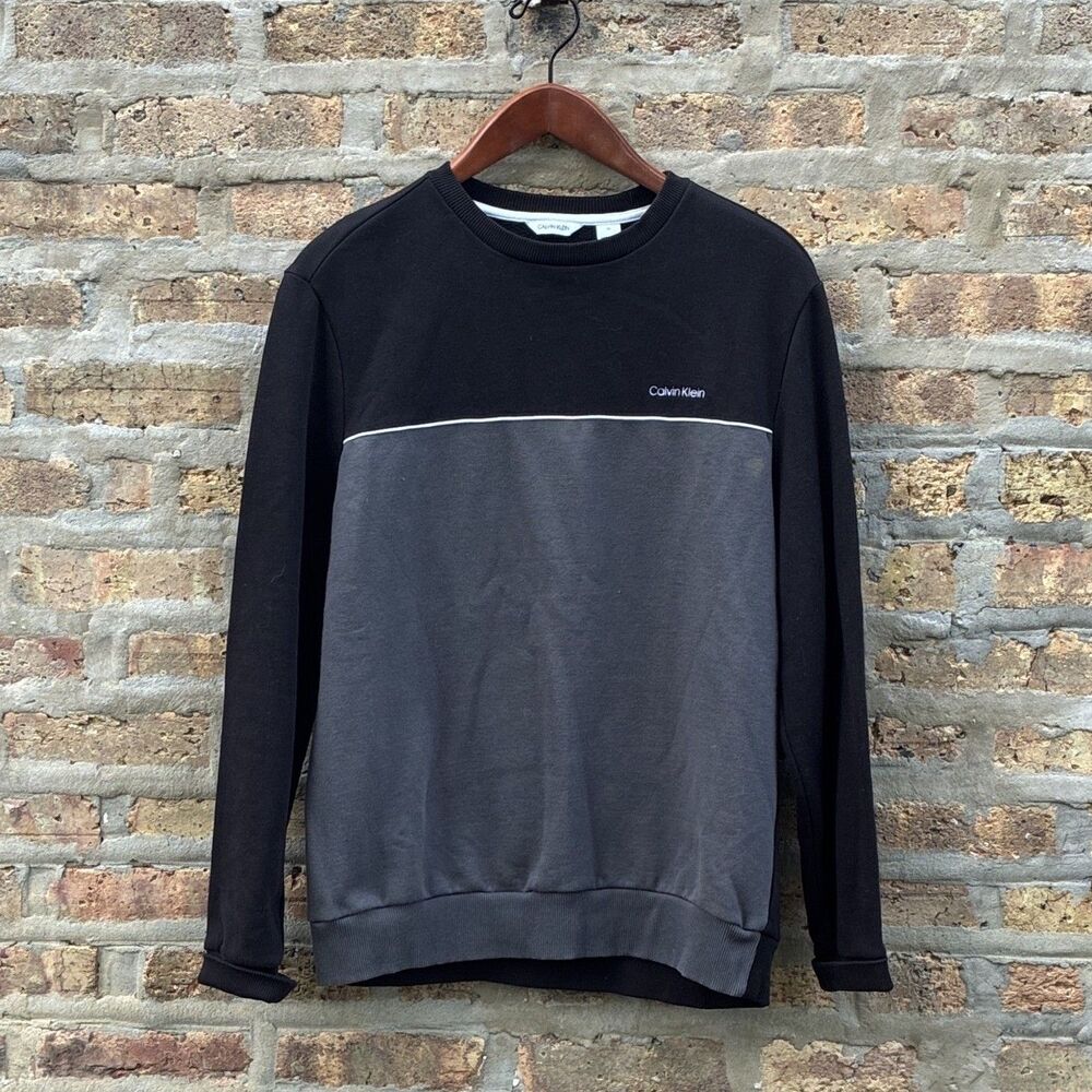 Calvin Klein Black/Gray Colorblock Crew Neck Fleece Logo Sweatshirt Men M